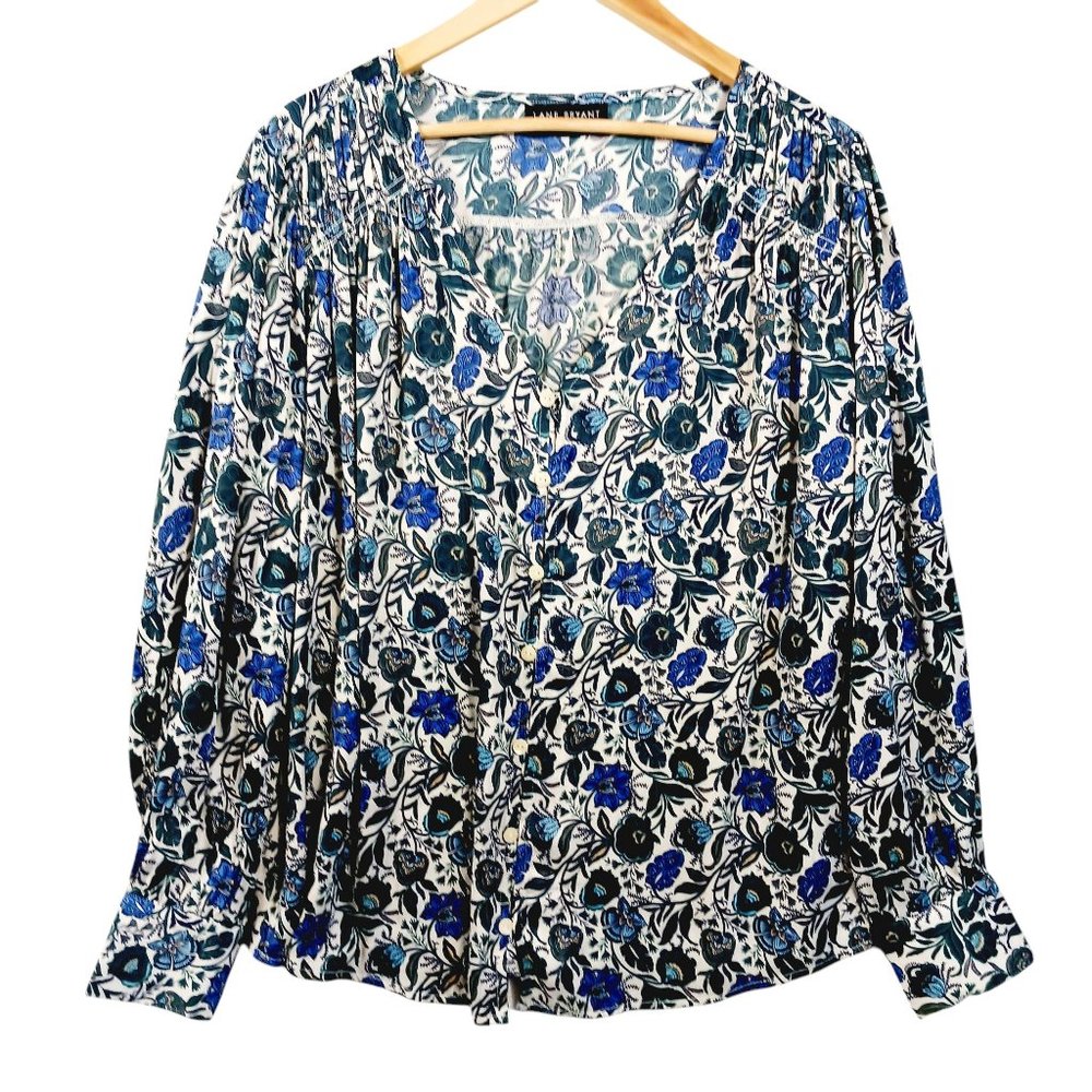 Lane Bryant, 14/16 Button Down Blouse, Smocking Detail, Soft Jersey Feel, Floral
